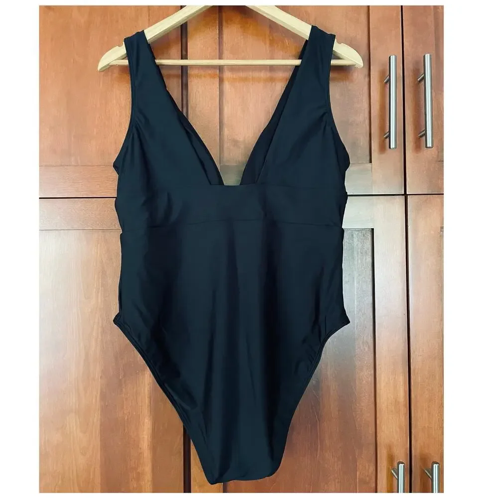 Quince Italian Plunge One-Piece Swimsuit Black Size XL NEW